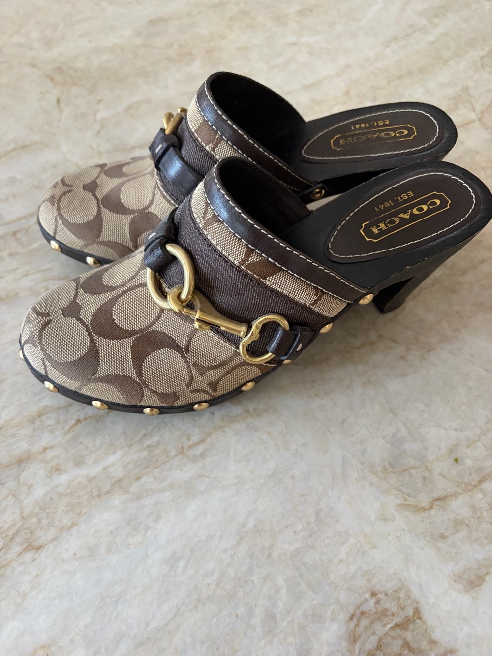 Coach Brown Signature Canvas Bit-Detail Heeled Clogs